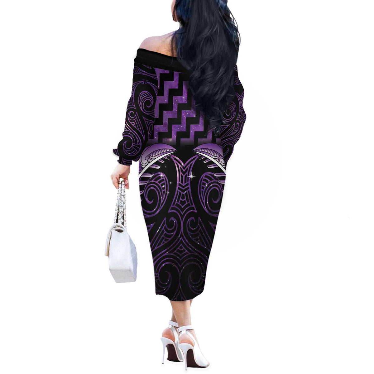 Purple Matariki New Zealand Off The Shoulder Long Sleeve Dress Maori Poutama Galaxy Vibes LT14 - Polynesian Pride