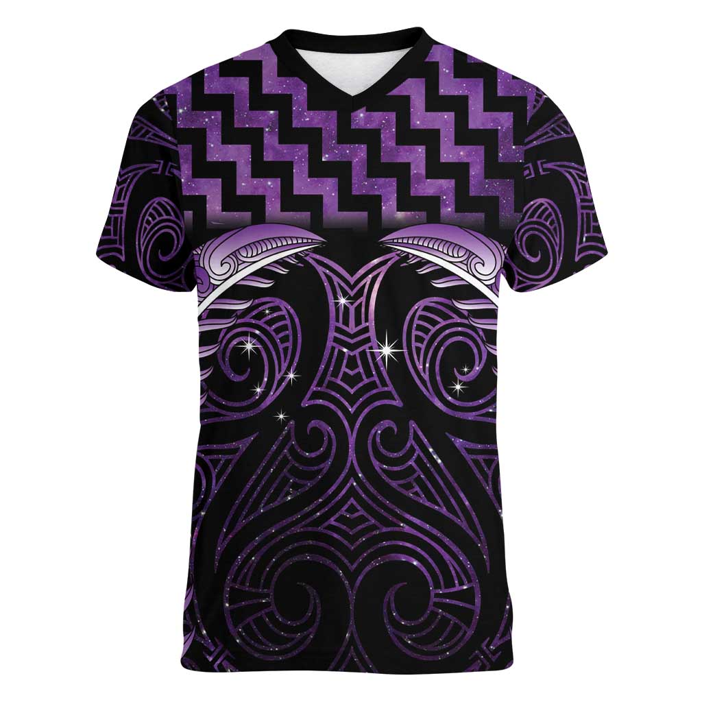 Purple Matariki New Zealand Women V-Neck T-Shirt Maori Poutama Galaxy Vibes LT14 Female Purple - Polynesian Pride