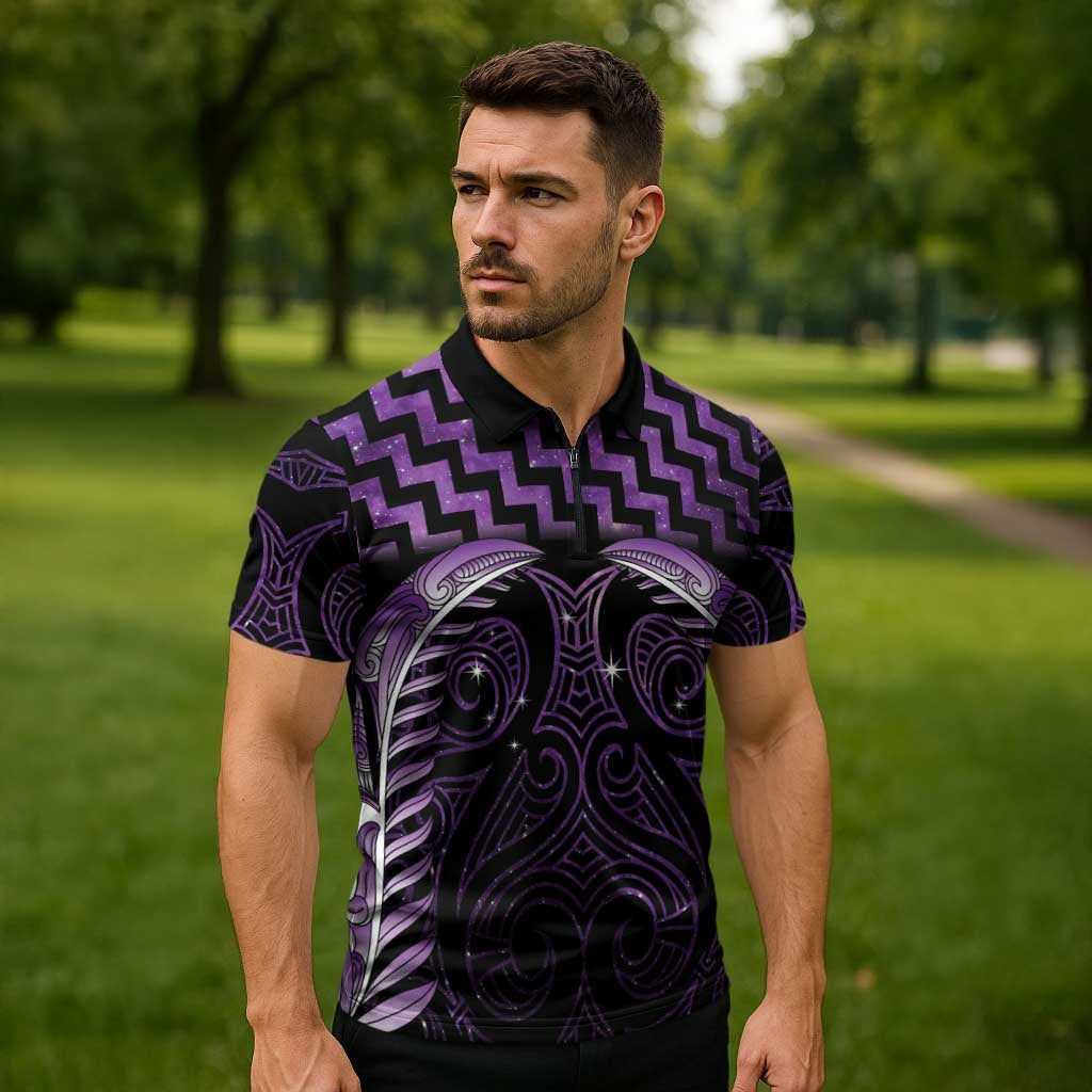 Purple Matariki New Zealand Zipper Polo Shirt Maori Poutama Galaxy Vibes LT14 - Polynesian Pride
