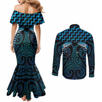 Blue Matariki New Zealand Couples Matching Mermaid Dress and Long Sleeve Button Shirt Maori Poutama Galaxy Vibes LT14 - Polynesian Pride