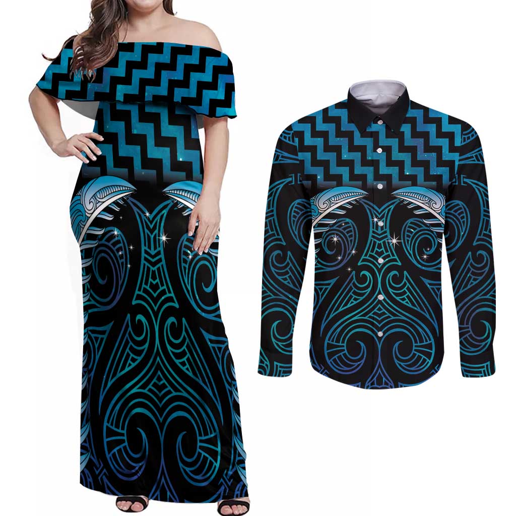 Blue Matariki New Zealand Couples Matching Off Shoulder Maxi Dress and Long Sleeve Button Shirt Maori Poutama Galaxy Vibes LT14 Blue - Polynesian Pride