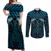 Blue Matariki New Zealand Couples Matching Off Shoulder Maxi Dress and Long Sleeve Button Shirt Maori Poutama Galaxy Vibes LT14 Blue - Polynesian Pride