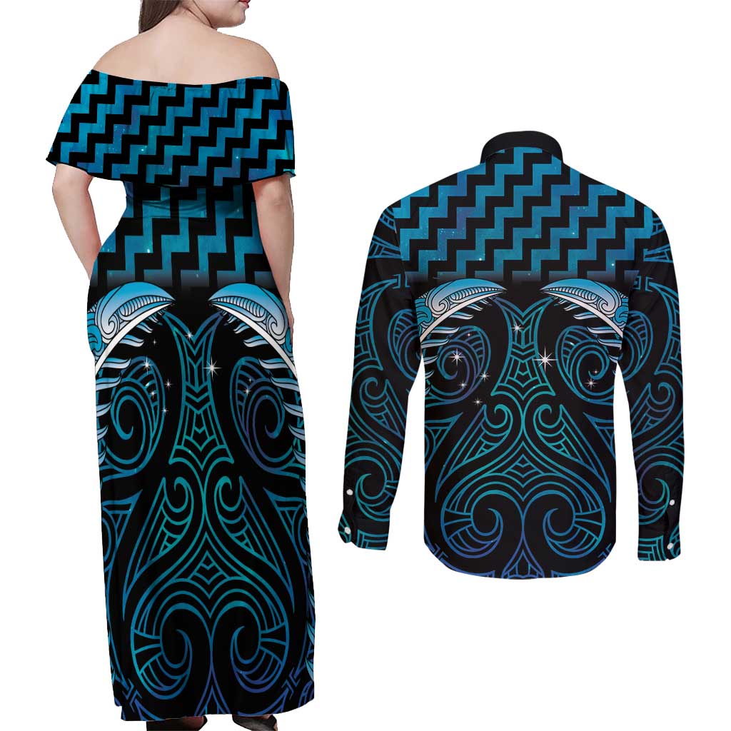 Blue Matariki New Zealand Couples Matching Off Shoulder Maxi Dress and Long Sleeve Button Shirt Maori Poutama Galaxy Vibes LT14 - Polynesian Pride