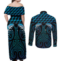 Blue Matariki New Zealand Couples Matching Off Shoulder Maxi Dress and Long Sleeve Button Shirt Maori Poutama Galaxy Vibes LT14 - Polynesian Pride