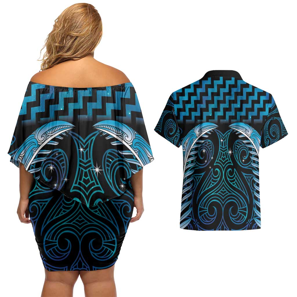 Blue Matariki New Zealand Couples Matching Off Shoulder Short Dress and Hawaiian Shirt Maori Poutama Galaxy Vibes LT14 - Polynesian Pride