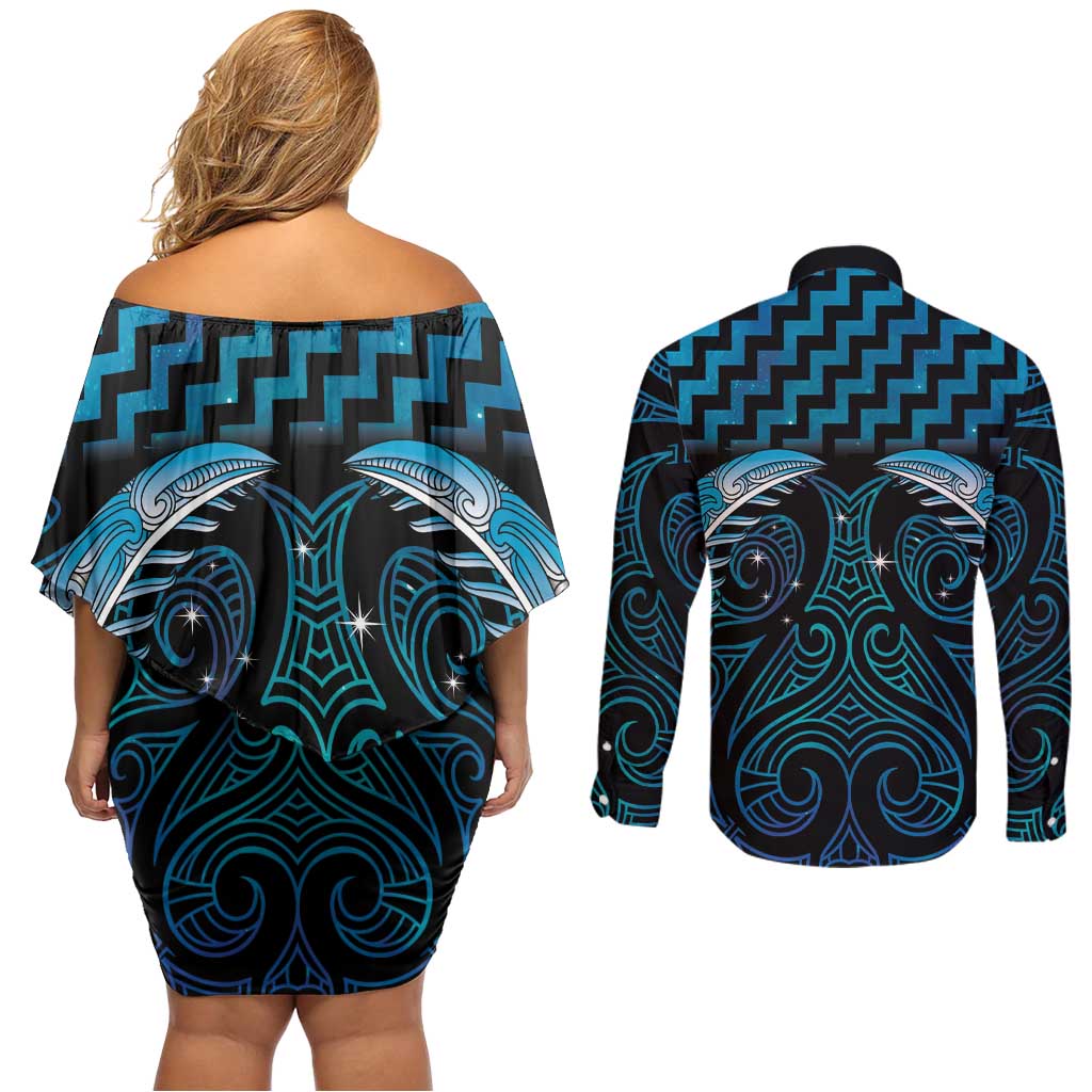 Blue Matariki New Zealand Couples Matching Off Shoulder Short Dress and Long Sleeve Button Shirt Maori Poutama Galaxy Vibes LT14 - Polynesian Pride