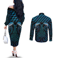 Blue Matariki New Zealand Couples Matching Off The Shoulder Long Sleeve Dress and Long Sleeve Button Shirt Maori Poutama Galaxy Vibes LT14 - Polynesian Pride