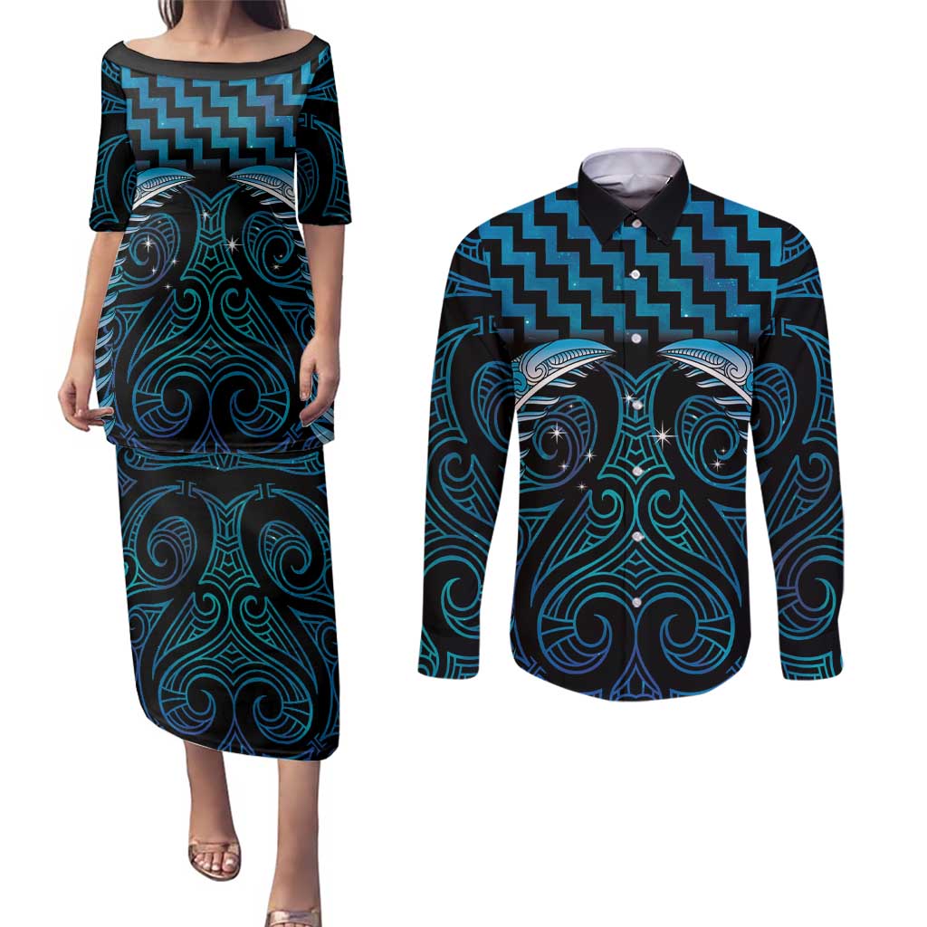 Blue Matariki New Zealand Couples Matching Puletasi and Long Sleeve Button Shirt Maori Poutama Galaxy Vibes LT14 Blue - Polynesian Pride
