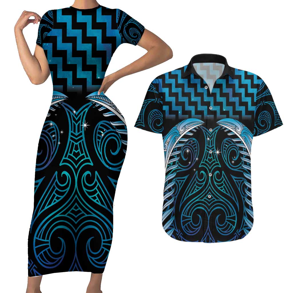 Blue Matariki New Zealand Couples Matching Short Sleeve Bodycon Dress and Hawaiian Shirt Maori Poutama Galaxy Vibes LT14 Blue - Polynesian Pride