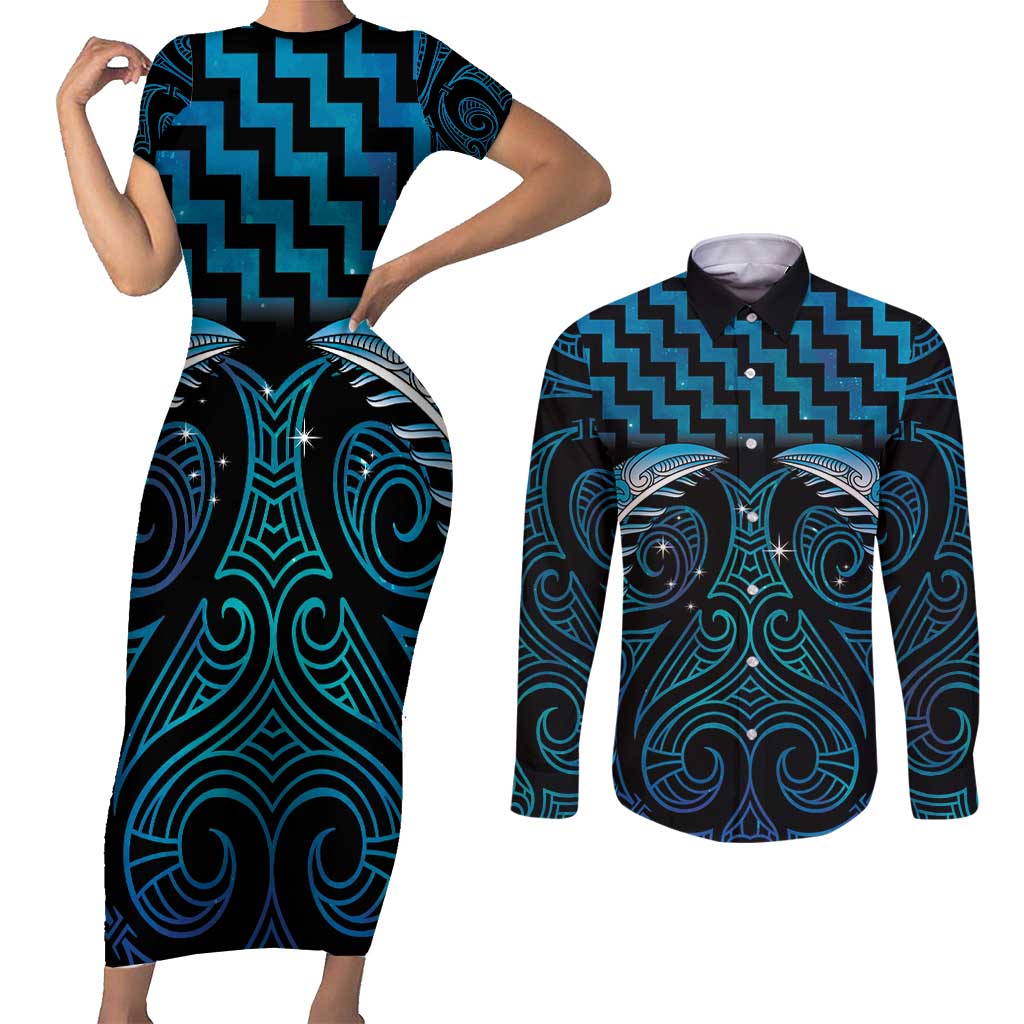 Blue Matariki New Zealand Couples Matching Short Sleeve Bodycon Dress and Long Sleeve Button Shirt Maori Poutama Galaxy Vibes LT14 Blue - Polynesian Pride