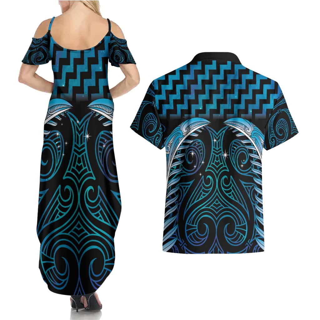 Blue Matariki New Zealand Couples Matching Summer Maxi Dress and Hawaiian Shirt Maori Poutama Galaxy Vibes LT14 - Polynesian Pride
