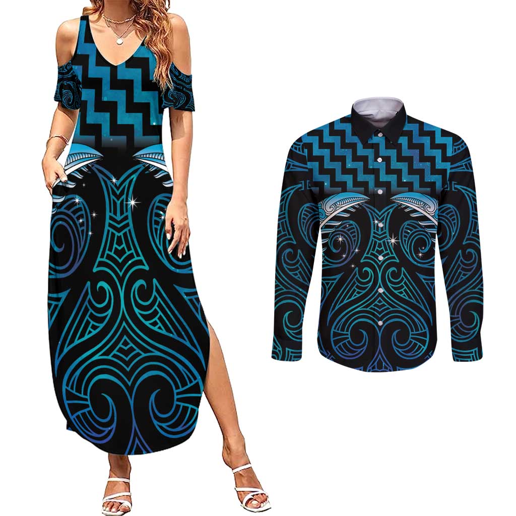 Blue Matariki New Zealand Couples Matching Summer Maxi Dress and Long Sleeve Button Shirt Maori Poutama Galaxy Vibes LT14 Blue - Polynesian Pride