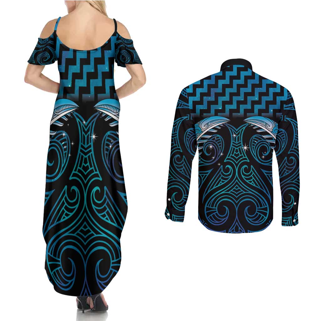 Blue Matariki New Zealand Couples Matching Summer Maxi Dress and Long Sleeve Button Shirt Maori Poutama Galaxy Vibes LT14 - Polynesian Pride