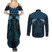 Blue Matariki New Zealand Couples Matching Summer Maxi Dress and Long Sleeve Button Shirt Maori Poutama Galaxy Vibes LT14 - Polynesian Pride