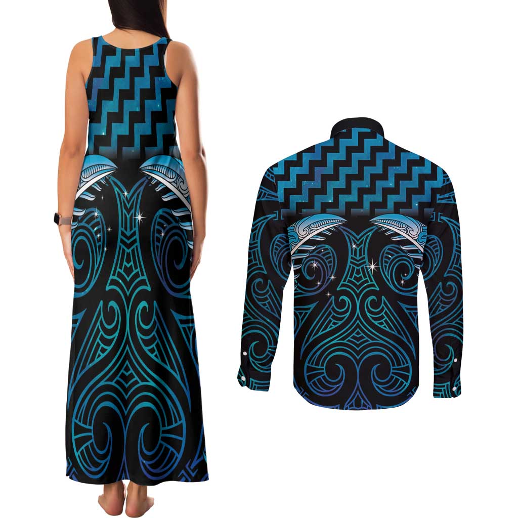 Blue Matariki New Zealand Couples Matching Tank Maxi Dress and Long Sleeve Button Shirt Maori Poutama Galaxy Vibes LT14 - Polynesian Pride