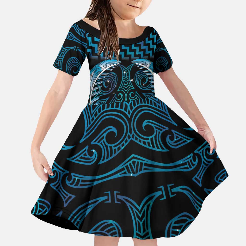 Blue Matariki New Zealand Family Matching Long Sleeve Bodycon Dress and Hawaiian Shirt Maori Poutama Galaxy Vibes LT14 Daughter's Dress Blue - Polynesian Pride