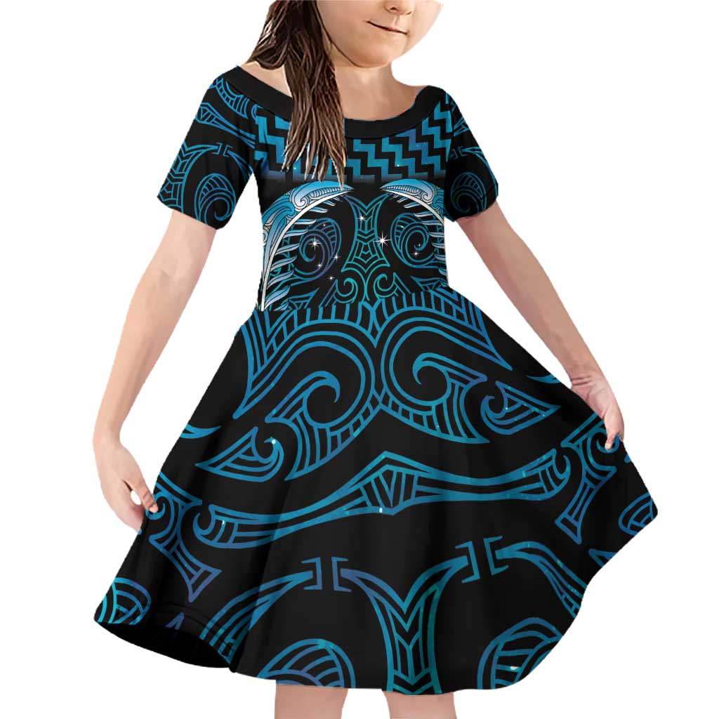 Blue Matariki New Zealand Family Matching Off Shoulder Short Dress and Hawaiian Shirt Maori Poutama Galaxy Vibes LT14 Daughter's Dress Blue - Polynesian Pride