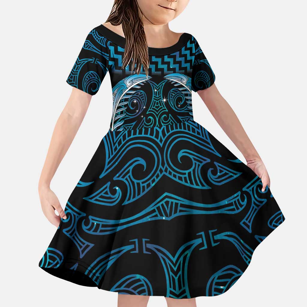 Blue Matariki New Zealand Family Matching Puletasi and Hawaiian Shirt Maori Poutama Galaxy Vibes LT14 Daughter's Dress Blue - Polynesian Pride