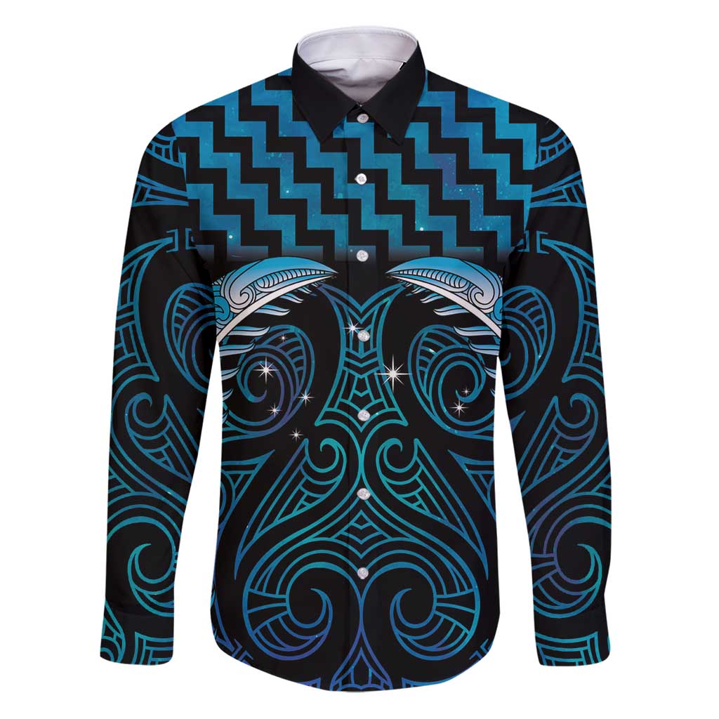 Blue Matariki New Zealand Family Matching Puletasi and Hawaiian Shirt Maori Poutama Galaxy Vibes LT14 Dad's Shirt - Long Sleeve Blue - Polynesian Pride
