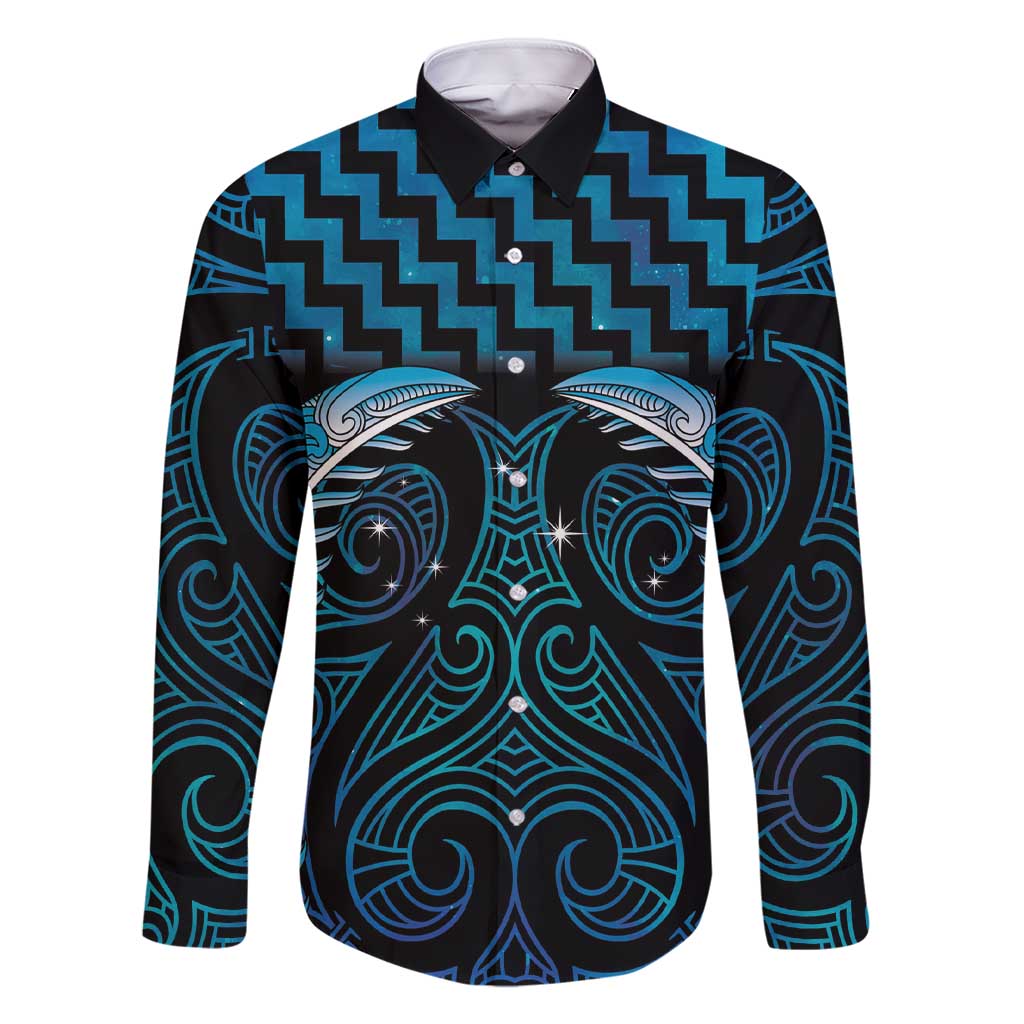 Blue Matariki New Zealand Family Matching Short Sleeve Bodycon Dress and Hawaiian Shirt Maori Poutama Galaxy Vibes LT14 Dad's Shirt - Long Sleeve Blue - Polynesian Pride