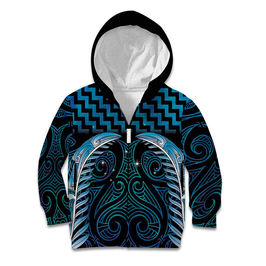 Blue Matariki New Zealand Kid Hoodie Maori Poutama Galaxy Vibes LT14 Zip Hoodie Blue - Polynesian Pride