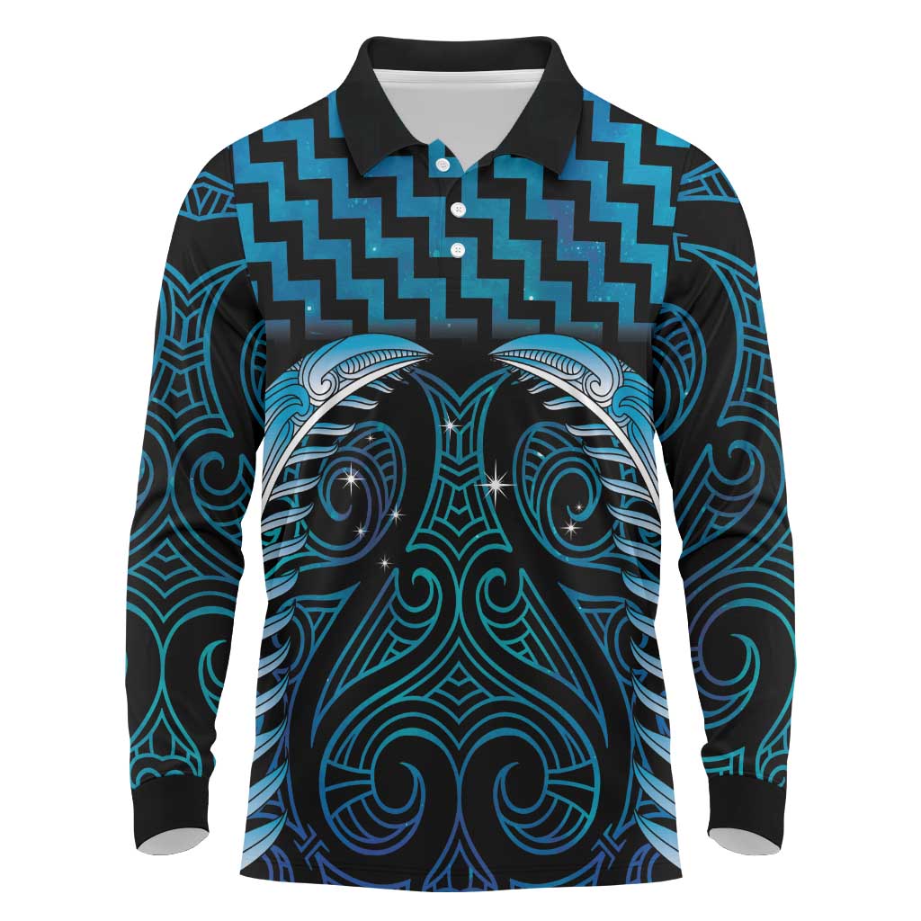 Blue Matariki New Zealand Long Sleeve Polo Shirt Maori Poutama Galaxy Vibes LT14 Blue - Polynesian Pride