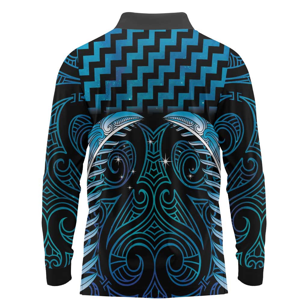Blue Matariki New Zealand Long Sleeve Polo Shirt Maori Poutama Galaxy Vibes LT14 - Polynesian Pride