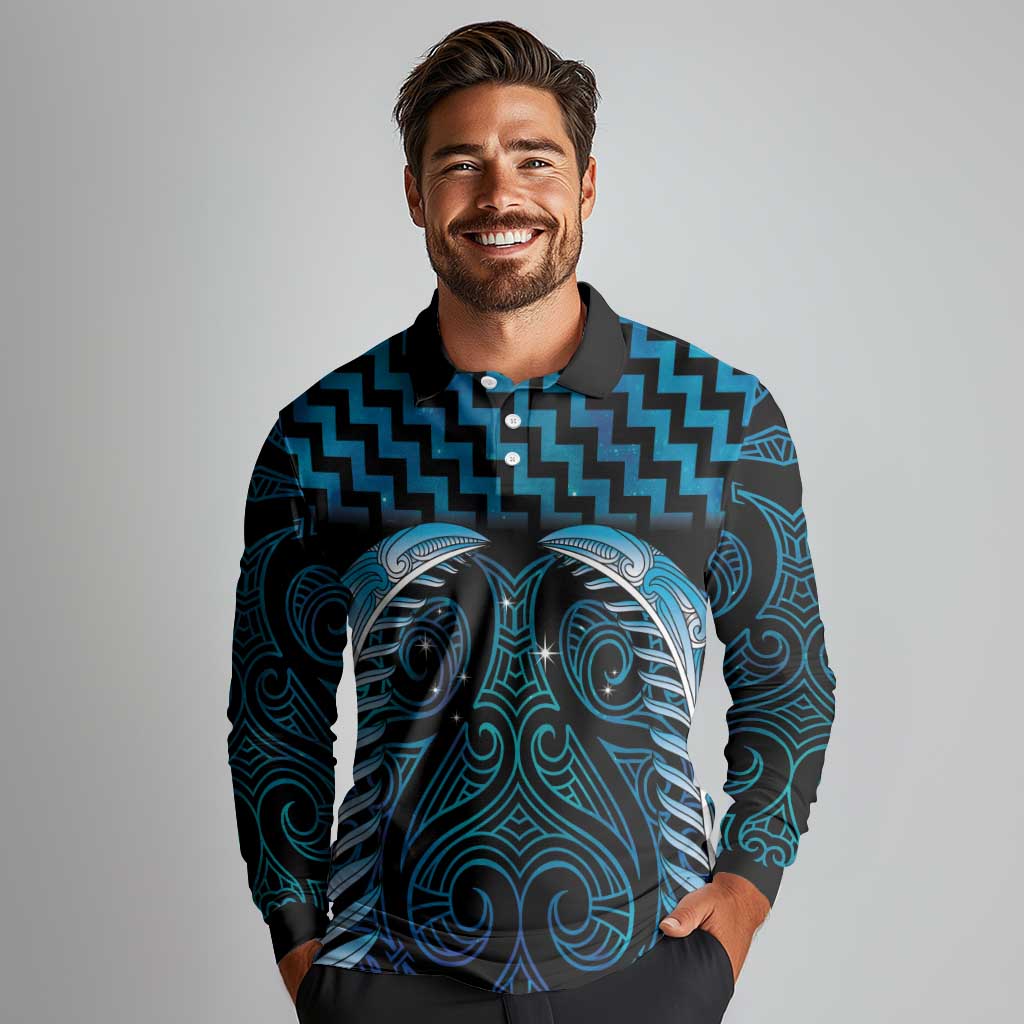 Blue Matariki New Zealand Long Sleeve Polo Shirt Maori Poutama Galaxy Vibes LT14 - Polynesian Pride