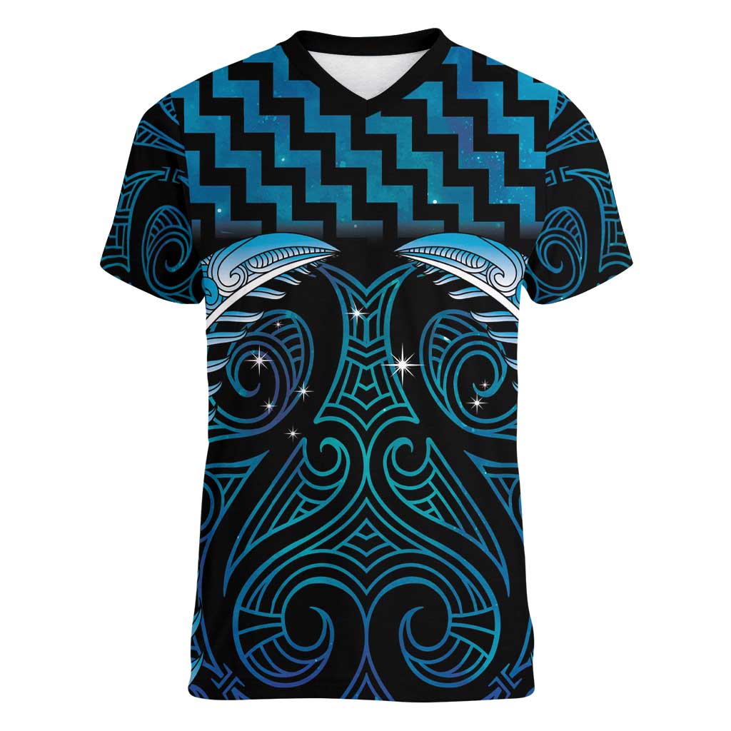 Blue Matariki New Zealand Women V-Neck T-Shirt Maori Poutama Galaxy Vibes LT14 Female Blue - Polynesian Pride