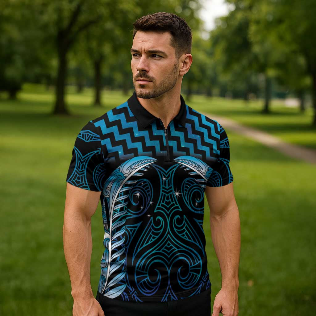 Blue Matariki New Zealand Zipper Polo Shirt Maori Poutama Galaxy Vibes LT14 - Polynesian Pride