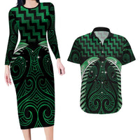 Green Matariki New Zealand Couples Matching Long Sleeve Bodycon Dress and Hawaiian Shirt Maori Poutama Galaxy Vibes LT14 Green - Polynesian Pride
