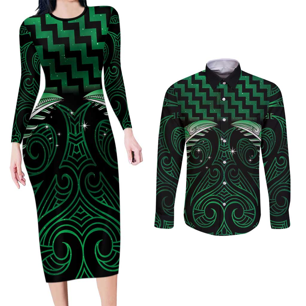 Green Matariki New Zealand Couples Matching Long Sleeve Bodycon Dress and Long Sleeve Button Shirt Maori Poutama Galaxy Vibes LT14 Green - Polynesian Pride