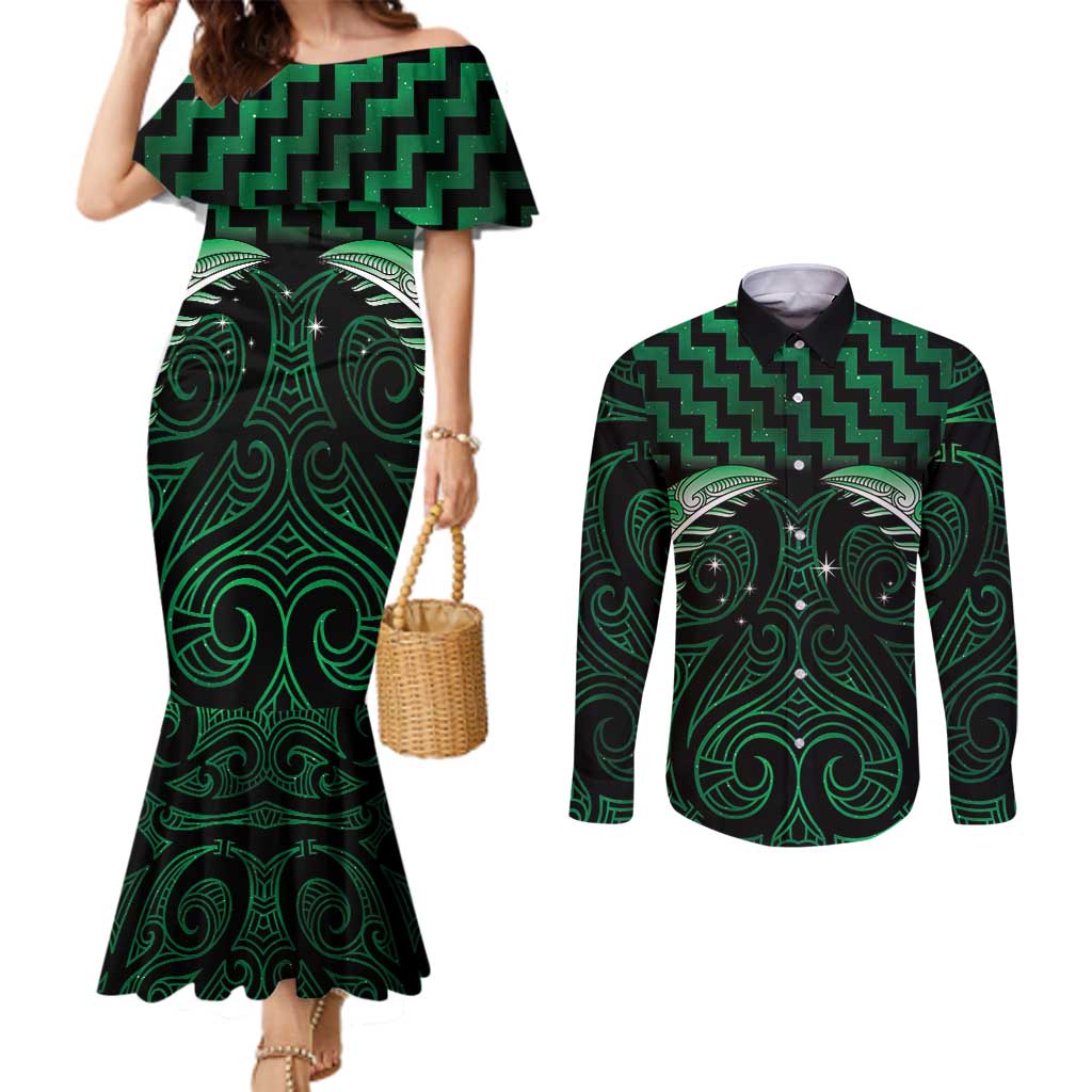 Green Matariki New Zealand Couples Matching Mermaid Dress and Long Sleeve Button Shirt Maori Poutama Galaxy Vibes LT14 Green - Polynesian Pride