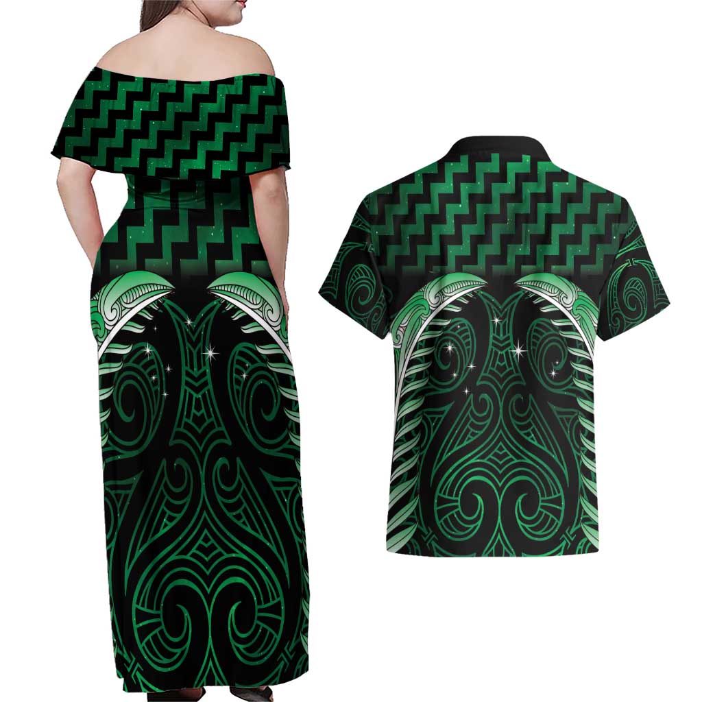 Green Matariki New Zealand Couples Matching Off Shoulder Maxi Dress and Hawaiian Shirt Maori Poutama Galaxy Vibes LT14 - Polynesian Pride