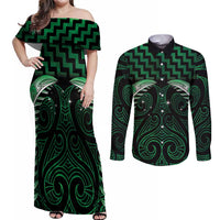 Green Matariki New Zealand Couples Matching Off Shoulder Maxi Dress and Long Sleeve Button Shirt Maori Poutama Galaxy Vibes LT14 Green - Polynesian Pride