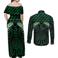 Green Matariki New Zealand Couples Matching Off Shoulder Maxi Dress and Long Sleeve Button Shirt Maori Poutama Galaxy Vibes LT14 - Polynesian Pride