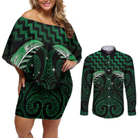 Green Matariki New Zealand Couples Matching Off Shoulder Short Dress and Long Sleeve Button Shirt Maori Poutama Galaxy Vibes LT14 Green - Polynesian Pride