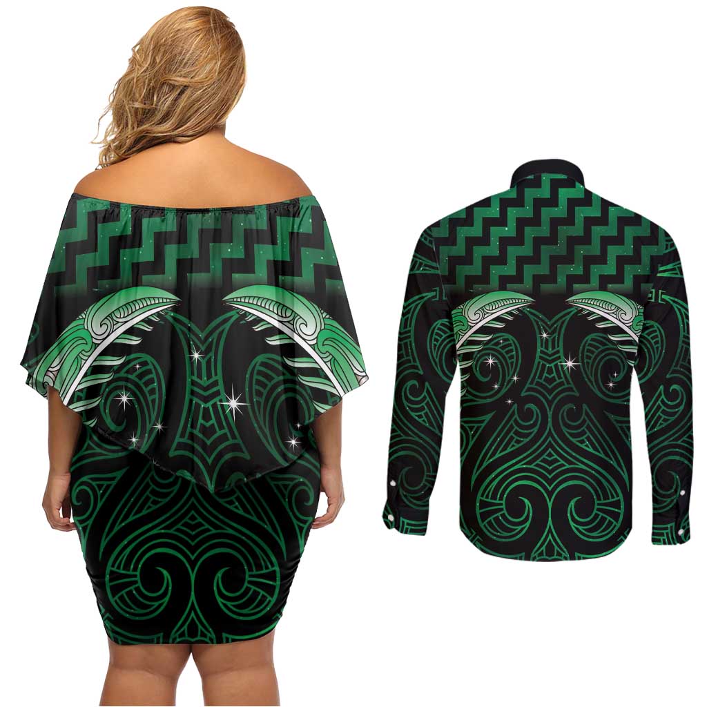 Green Matariki New Zealand Couples Matching Off Shoulder Short Dress and Long Sleeve Button Shirt Maori Poutama Galaxy Vibes LT14 - Polynesian Pride