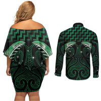 Green Matariki New Zealand Couples Matching Off Shoulder Short Dress and Long Sleeve Button Shirt Maori Poutama Galaxy Vibes LT14 - Polynesian Pride