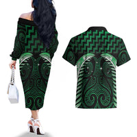 Green Matariki New Zealand Couples Matching Off The Shoulder Long Sleeve Dress and Hawaiian Shirt Maori Poutama Galaxy Vibes LT14 - Polynesian Pride