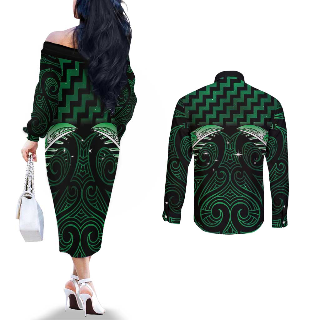 Green Matariki New Zealand Couples Matching Off The Shoulder Long Sleeve Dress and Long Sleeve Button Shirt Maori Poutama Galaxy Vibes LT14 - Polynesian Pride