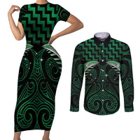 Green Matariki New Zealand Couples Matching Short Sleeve Bodycon Dress and Long Sleeve Button Shirt Maori Poutama Galaxy Vibes LT14 Green - Polynesian Pride