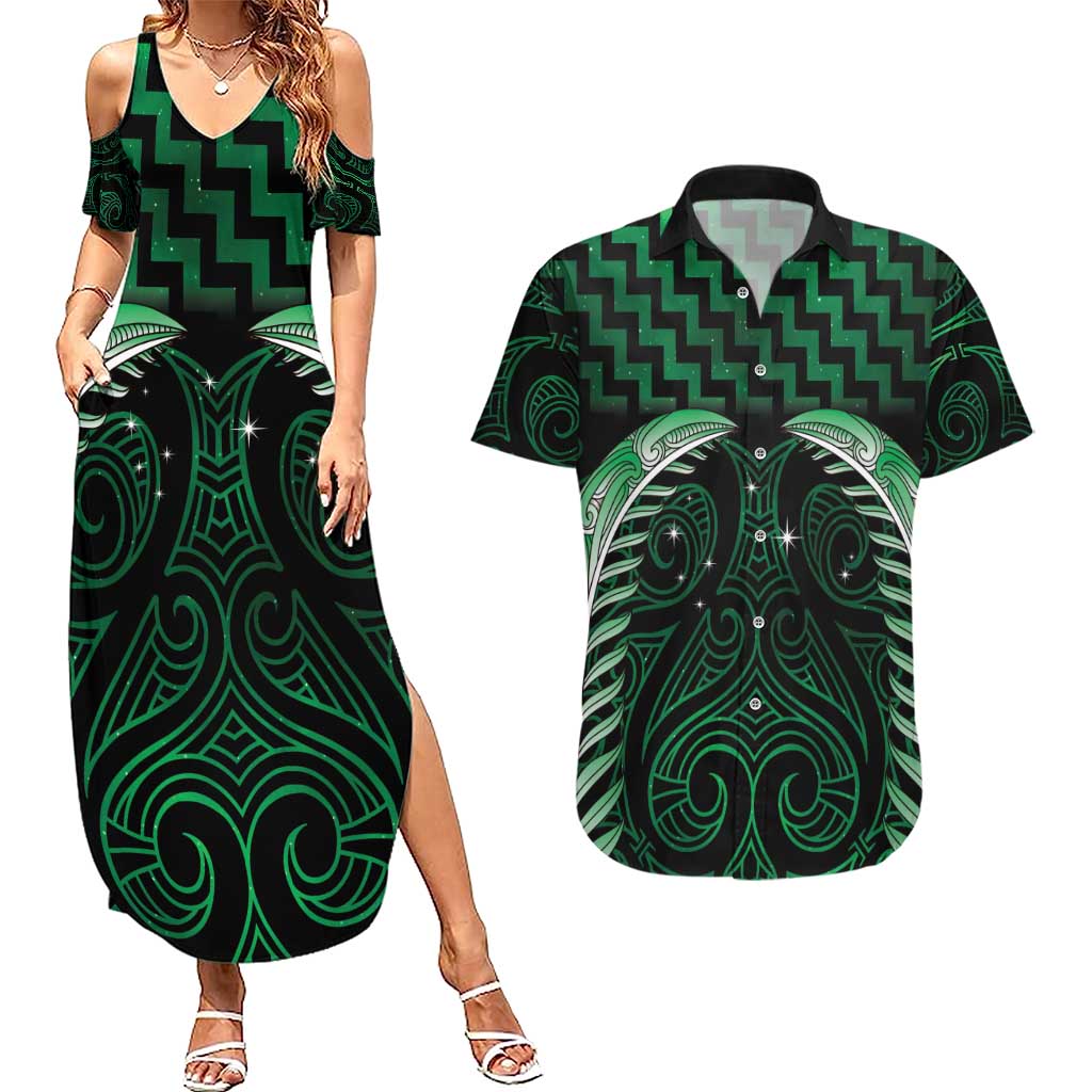 Green Matariki New Zealand Couples Matching Summer Maxi Dress and Hawaiian Shirt Maori Poutama Galaxy Vibes LT14 Green - Polynesian Pride