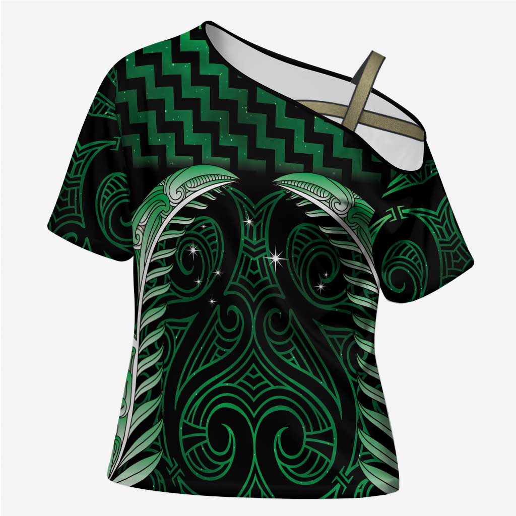 Green Matariki New Zealand Cross Shoulder Shirt Maori Poutama Galaxy Vibes LT14 Female Green - Polynesian Pride