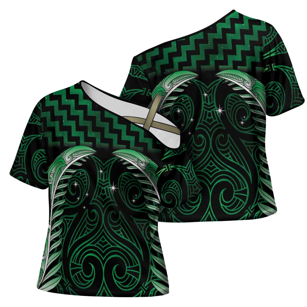 Green Matariki New Zealand Cross Shoulder Shirt Maori Poutama Galaxy Vibes LT14 - Polynesian Pride