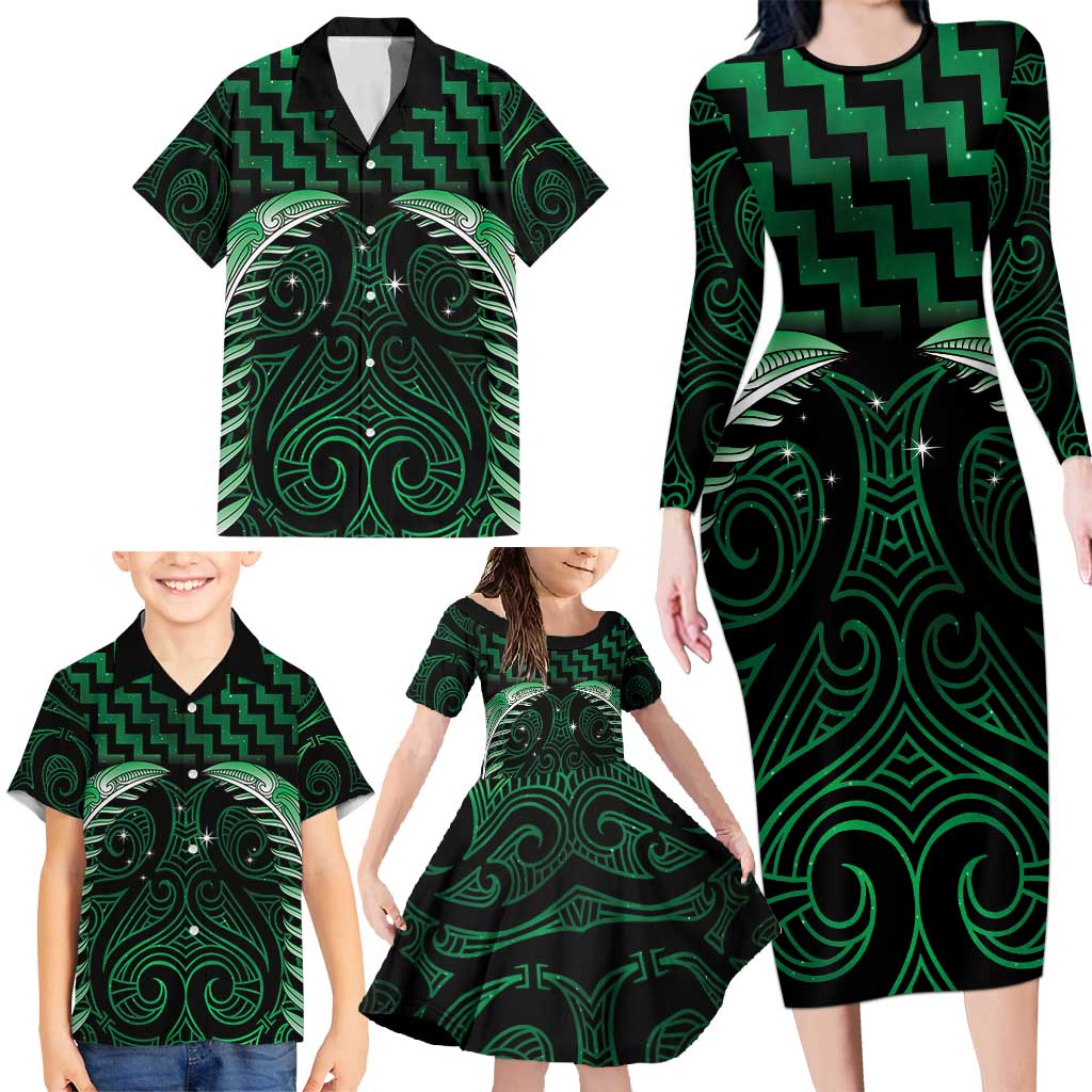 Green Matariki New Zealand Family Matching Long Sleeve Bodycon Dress and Hawaiian Shirt Maori Poutama Galaxy Vibes LT14 - Polynesian Pride