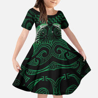Green Matariki New Zealand Family Matching Off The Shoulder Long Sleeve Dress and Hawaiian Shirt Maori Poutama Galaxy Vibes LT14 Daughter's Dress Green - Polynesian Pride