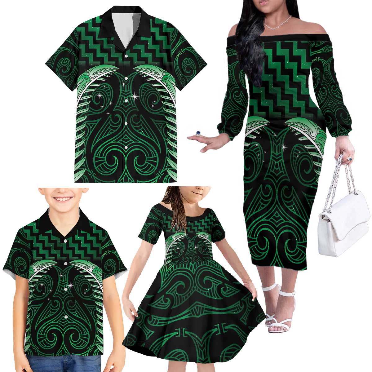 Green Matariki New Zealand Family Matching Off The Shoulder Long Sleeve Dress and Hawaiian Shirt Maori Poutama Galaxy Vibes LT14 - Polynesian Pride