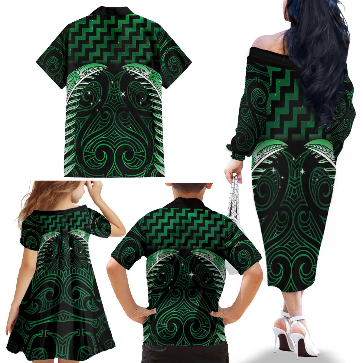 Green Matariki New Zealand Family Matching Off The Shoulder Long Sleeve Dress and Hawaiian Shirt Maori Poutama Galaxy Vibes LT14 - Polynesian Pride