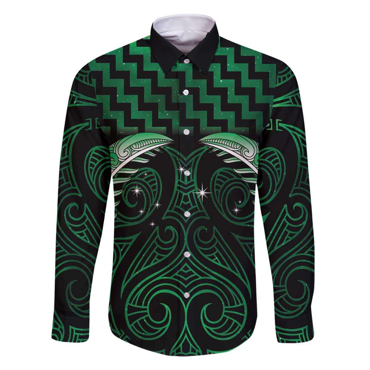 Green Matariki New Zealand Family Matching Off The Shoulder Long Sleeve Dress and Hawaiian Shirt Maori Poutama Galaxy Vibes LT14 Dad's Shirt - Long Sleeve Green - Polynesian Pride